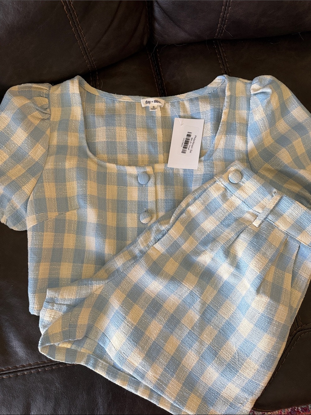 Day and Moon Blue and Cream Gingham Top with Fabric-Covered Button